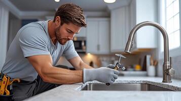 A plumber with tools fixes a faucet in the kitchen photo