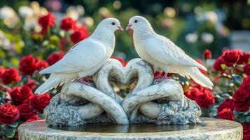 Two white doves gently peck each other while perched on a marble sculpture of intertwined hearts photo