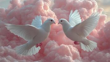 Two white doves in flight with soft pink clouds in the background photo