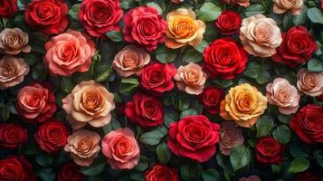 A wall completely covered with blooming roses of different sizes and colors photo