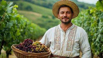 Moldovan farmer in the vineyard during the grape harvest season photo