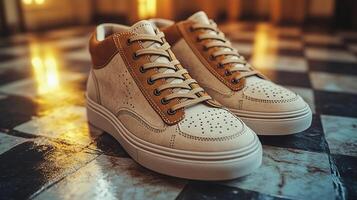 Retro sneakers with suede overlays, classic stitched patterns photo