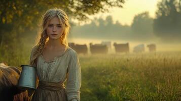 A young milkmaid leads a cow into the barn at dawn, carrying a full bucket of milk in one hand photo