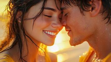 The gentle touch of a man and a woman with a smile on their faces photo
