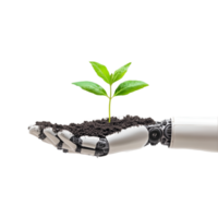 Robot hand holding a plant with dirt on it png