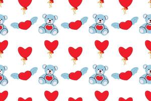 Seamless pattern with hearts and teddy bear. Flat illustration. vector