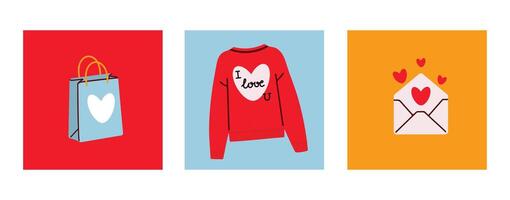 Romantic set with a shopping bag with a heart, a cozy red sweater with I love you, and an envelope with hearts vector