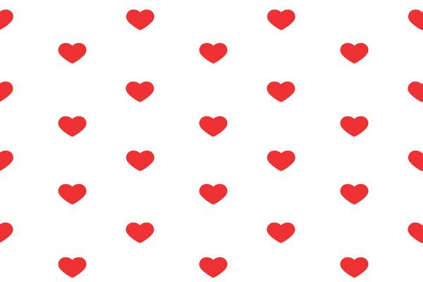 Cute seamless pattern of red hearts on white background. Flat illustration.