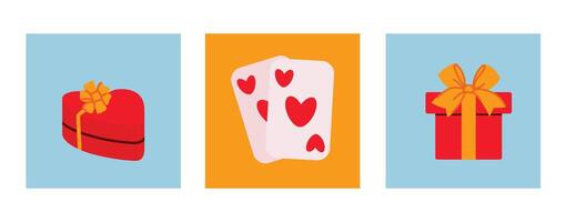 Valentines Day set with a heart-shaped gift box, playing cards with hearts, and a red gift box vector