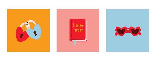 Valentines day element set with heart-shaped padlocks, a Love Story book, and red heart-shaped sunglasses vector