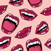 Vampire lips, mouth, teeth seamless pattern, background. Cartoon style simple illustrations vector