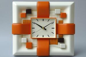 Orange and White Square Clock with Geometric Design photo