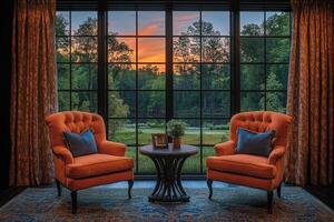 Two Orange Armchairs Facing Each Other in Front of a Large Window with a View of an Orange Sunset photo