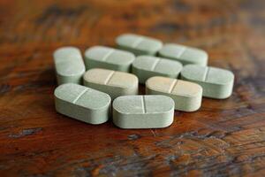A Close-Up of Green Pills Scattered on a Wooden Table photo