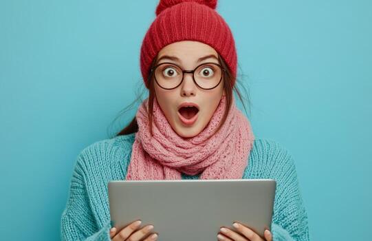 Surprised woman with a tablet computer on blue background photo