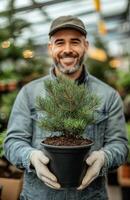 Man holding a potted pine tree in a greenhouse photo