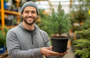 A smiling man holding a small tree in a pot photo
