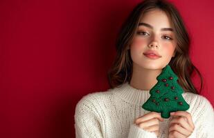 Beautiful young woman in sweater holding christmas tree cookie on red background photo
