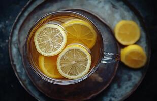 A glass cup filled with lemon slices photo
