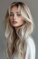 Beautiful blonde woman with long wavy hair photo
