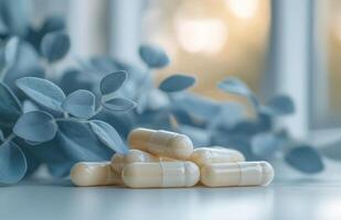 A pile of pills on a table with leaves photo