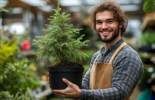 A man holding a potted tree in a flower shop photo
