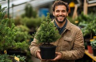 A man holding a small tree in a pot photo