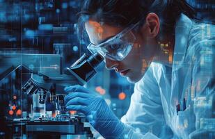 A woman in a lab coat looking at a microscope photo