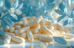 White pills on a blue background photo