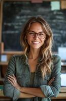 A smiling female teacher in front of a blackboard photo