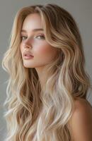 Beautiful blonde woman with long wavy hair photo