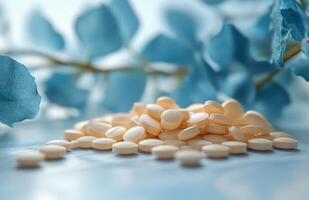 White pills on blue background photo