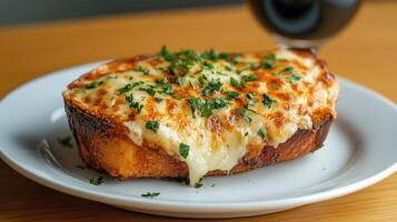 Cheesy Garlic Bread Toast Topped with Fresh Parsley on White Plate in Warm Home Setting with a Glass of Wine photo