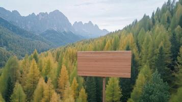 Autumn Larch Forest Aerial View with Wooden Blank Sign and Majestic Mountain Landscape in Dolomites, Italys Scenic Alps Capturing Fall Colors and Tranquility photo