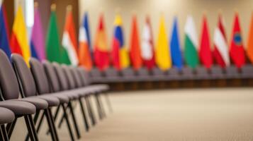 Conference Room Decorated with International Flags in Vibrant Colors, Featuring Rows of Chairs and a Focus on Global Unity and Multicultural Representation in a Professional Setting photo