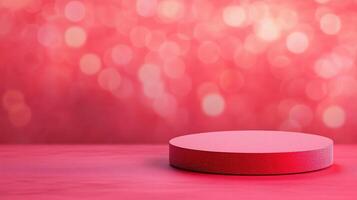 Red Luxury Pedestal with Blurred Bokeh Lights Background for Elegant Product Display and Holiday Themed Designs photo