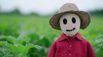 Scarecrow with Hat in Lush Green Field for Autumn Harvest and Agricultural Experimentation photo