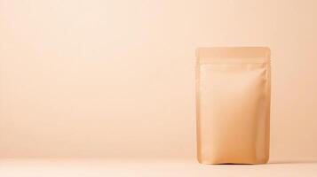 Minimalist Pet Food Pouch on Neutral Background Emphasizing Simplicity and Clean Design for Modern Branding Concepts and Eco-Friendly Packaging Display with Soft Beige Tones photo