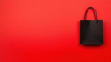 Minimalist Black Shopping Bag on Bold Red Background for Modern Retail Concepts, Perfect for Sale Promotion and Marketing Designs, Highlighting Contemporary Style and Holiday Shopping Appeal photo
