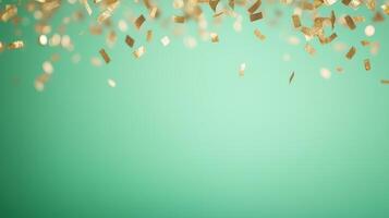 Falling Golden Confetti on Green Chroma Key Background for Festive Celebrations and Party Design Themes photo