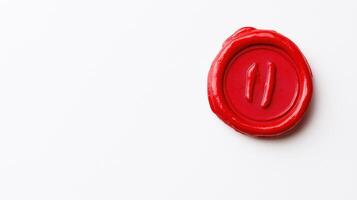 Red wax seal stamp on a white background. Minimalistic and vintage stationery concept with copy space. Design for branding, invitations, or certificates. photo