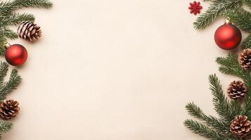Festive Border with Pine Branches, Red Ornaments, and Pine Cones on Beige Background for Christmas Holiday Card Design photo