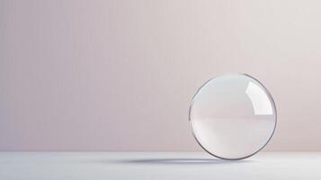 Transparent Glass Sphere on Minimalist Soft Pastel Background Reflecting Light and Subtle Shadows for Contemporary Interior Design Concepts and Modern Aesthetic Art with Focus on Simplicity photo