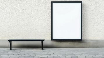 Blank Advertising Banner and Benches at Bus Stop with Textured Wall Background Urban Setting photo
