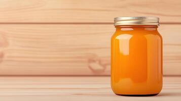 Homemade Pumpkin Jam in Jar Mockup with Wooden Background for Product Labeling and Autumnal Food Photography Concepts photo