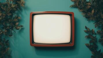 Retro TV With Blank Screen Surrounded By Lush Greenery Against Turquoise Wall Offering A Contrast Between Vintage Technology And Nature Ideal For Nostalgic Design Concepts And Themes photo