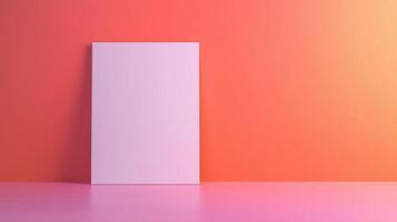 Blank White A3 Half-Fold Brochure Mockup Against Gradient Pink and Orange Background photo