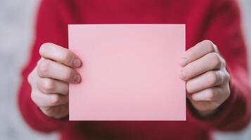 Hands Holding Blank Pink Card Against Red Sweater Background Reflecting Communication and Awareness Concepts photo