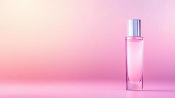 Transparent Clear Liquid Serum Gel with Smooth Texture in Elegant Bottle Against Soft Pink Gradient Background in Minimalist Style, Perfect for Skincare and Beauty Product Mockups and Advertising photo