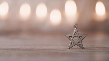 Silver Star of David Pendant on Blurred Candle Background Reflecting Hanukkah Symbolism and Jewish Heritage in Soft Focus photo